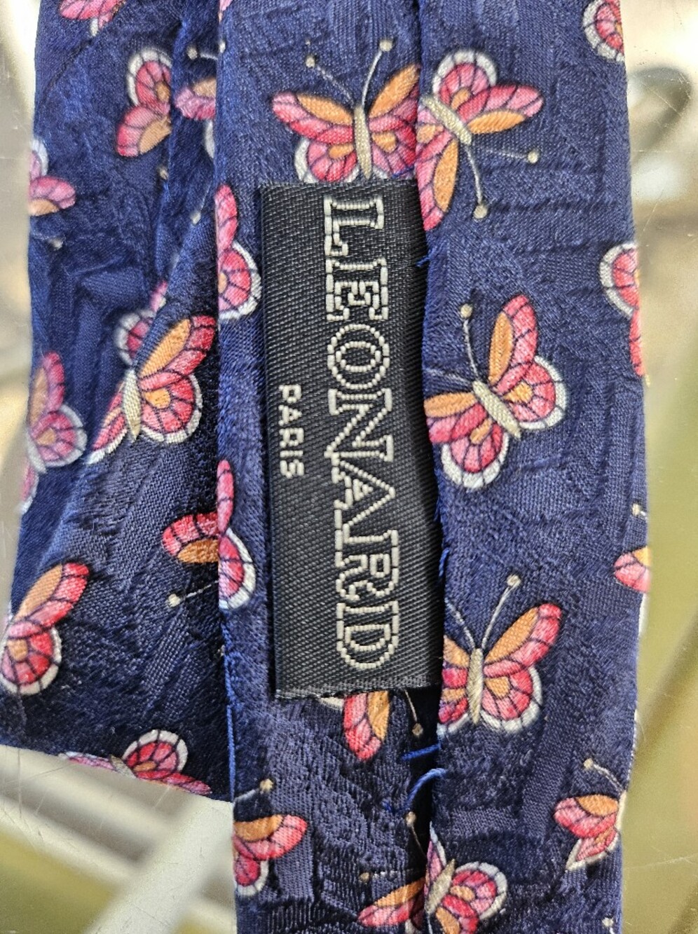 Leonard Paris Silk Tie Dessin No 70445 Blue Floral Butterfly Tie - Picture 6 of 11